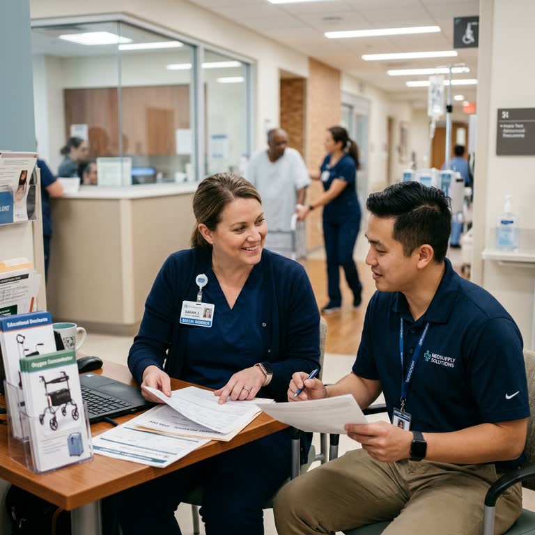 Hospital social worker consulting with medical supplies professional for patient referral