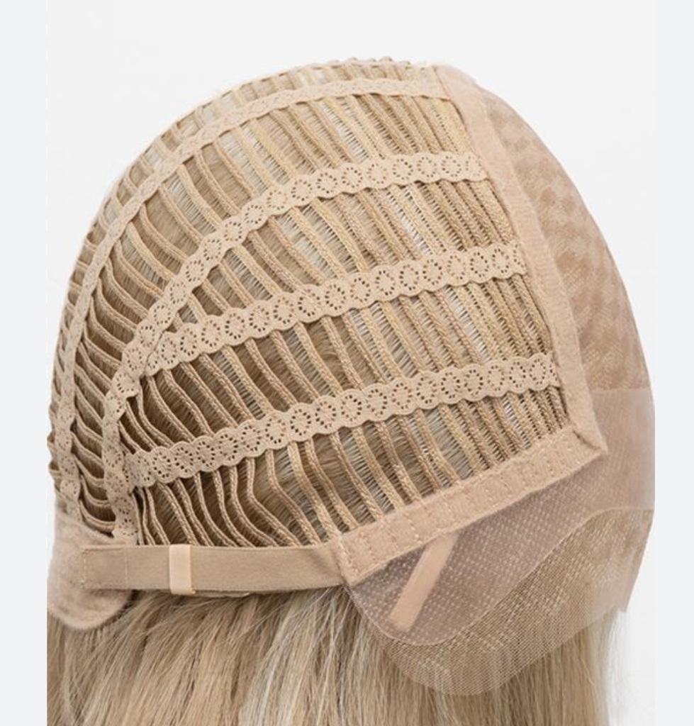 Side view of open wefted wig cap construction with ear tabs and adjustable straps